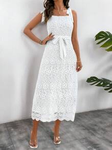 SHEIN Clasi Vestido slip de encaje de unicolor con cordones, elegante - Blanco - Ver 1