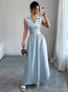 Elenzga Women's Khaki V-Neck Waist Design Sleeveless Dress - Blue - View 3