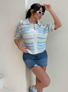 RueChic Casual Vacation Polo Neck Multicolor Color Block Stripe Hollow Out Crochet Button Down Cute Light Cardigan For Spring Summer - Multicolor - View 3