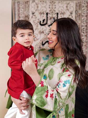 SHEIN 2pcs Baby Boy Style Long Sleeve Shirt Set, White Breathable Long Pants Paired With Red Open Front Shirt, Suitable For Daily Wear, Parties, Vacation, School, Gatherings, Spring/Summer/Autumn