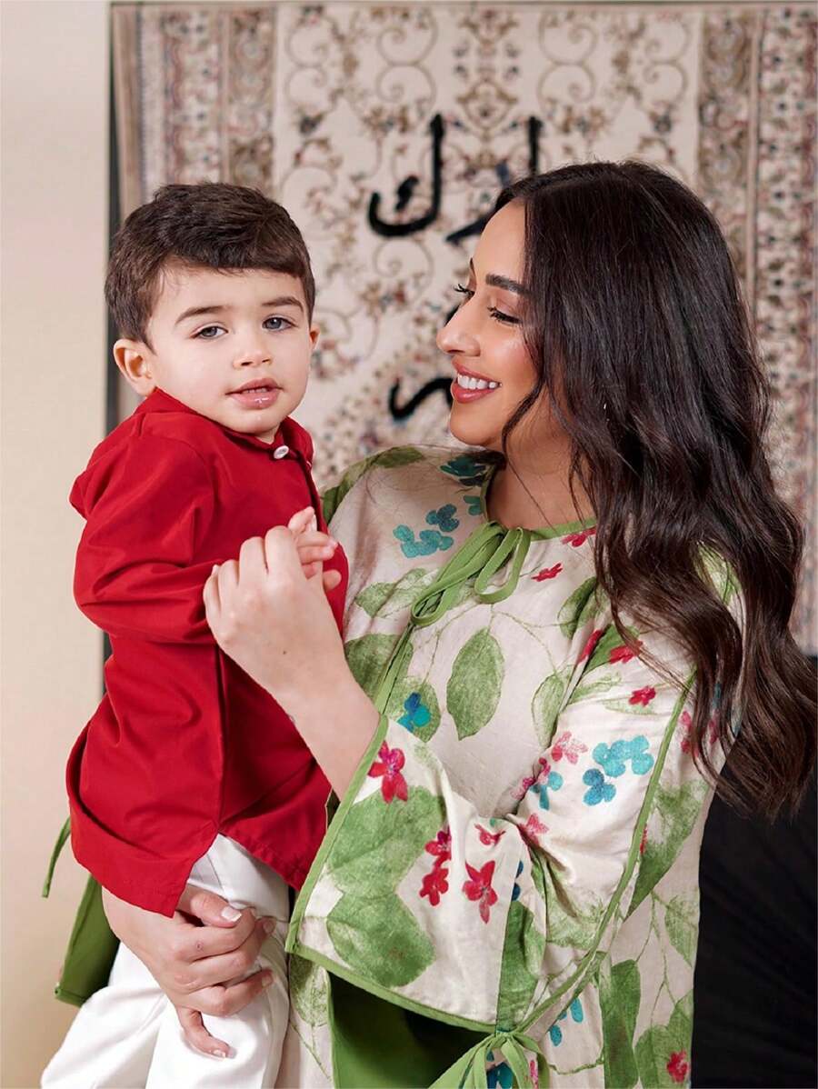 SHEIN 2pcs Baby Boy Style Long Sleeve Shirt Set, White Breathable Long Pants Paired With Red Open Front Shirt, Suitable For Daily Wear, Parties, Vacation, School, Gatherings, Spring/Summer/Autumn - Red and White - View 1