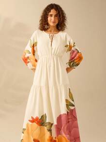 CAJUNI Women's Boho Floral Print Hollow Strap Bubble Sleeve Dress, Vacation Casual Tropical Beach Dress