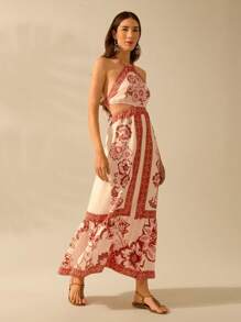 CAJUNI Vestido largo de verano casual con estampado floral tropical bohemio, escote halter, espalda abierta con cordón en la cintura, ideal para playa y vacaciones