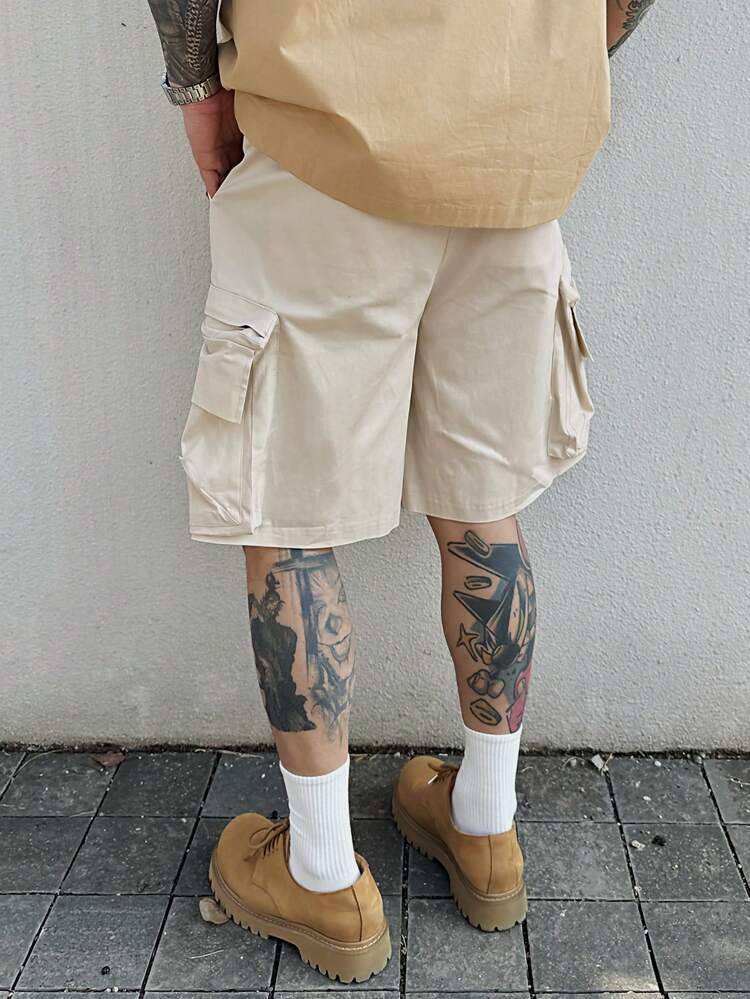 Men's Solid Color Beige Cargo Shorts For Summer Outdoor