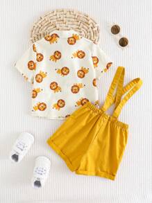 Cozy Pixies 2pcs/Set Baby Boy Cartoon Bear Pattern Lapel Short Sleeve Button-Up Shirt And Bib Shorts Outfit - Khaki - View 2