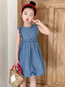 DAZY Vestido de mezclilla de manga corta y cuello redondo para niñas, conjunto de ropa de verano para niñas - Azul lavado medio - Ver 6