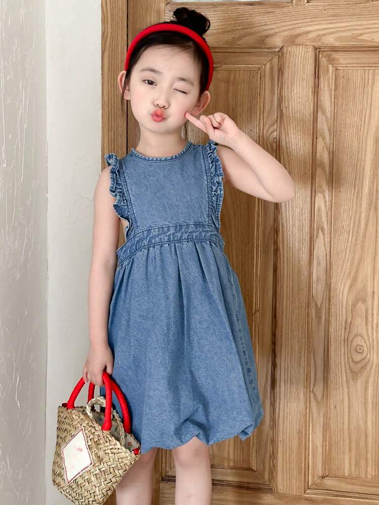Young Girl Round Neck Short Sleeve Denim Dress,Girls Summer Outfits