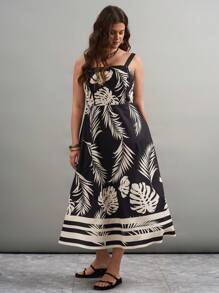 SHEIN LUNE SHEINLUNE 大码黑白植物花卉印花吊带连衣裙 春假波西米亚风狂欢服装 节日春假服装 老钱风格女士狂欢服装 音乐会服装女士狂欢服装 节日狂欢服装 乡村音乐会服装 纳什维尔服装 伊比沙岛服装 西部服装女士 波西米亚风度假服装女士 图案热带度假女装