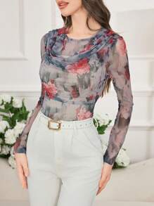 Modelyn Women's Mesh Print Loose Crew Neck Long Sleeve Casual Fitted T-Shirt - Multicolor - View 5