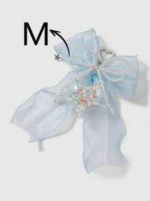 ROMWE Kawaii 1 件优雅简约手工珍珠、粉色/蓝色薄纱蝴蝶结、透明亮片心形星星钥匙扣饰品组合套装，时尚甜美包袋装饰，百搭女士礼物