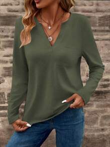EMERY ROSE Women's Solid Color V-Neck Long Sleeve Pocket Casual T-Shirt Fall Cloth For Women - Green - View 5