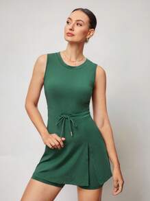 Activina Women's Solid Color Round Neck Sleeveless Waist Tie Sports Casual Dress Athletic Dress