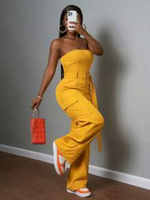 Slaydiva 2025 Summer New Arrival Music Festival, Easter, Western Style, Nomadic Style, St. Patrick's Day, Birthday Party, Graduation Season, Student Wear, Daily Outfit, Casual All-Match, Vacation, Cruise Travel, Beach, Sun-Bathing, Fashion, Street Style, Minimalist Casual, Utility Pockets, Strapless, Waist Tie, Metal Buckle, Yellow Women Jumpsuit - Yellow - View 1