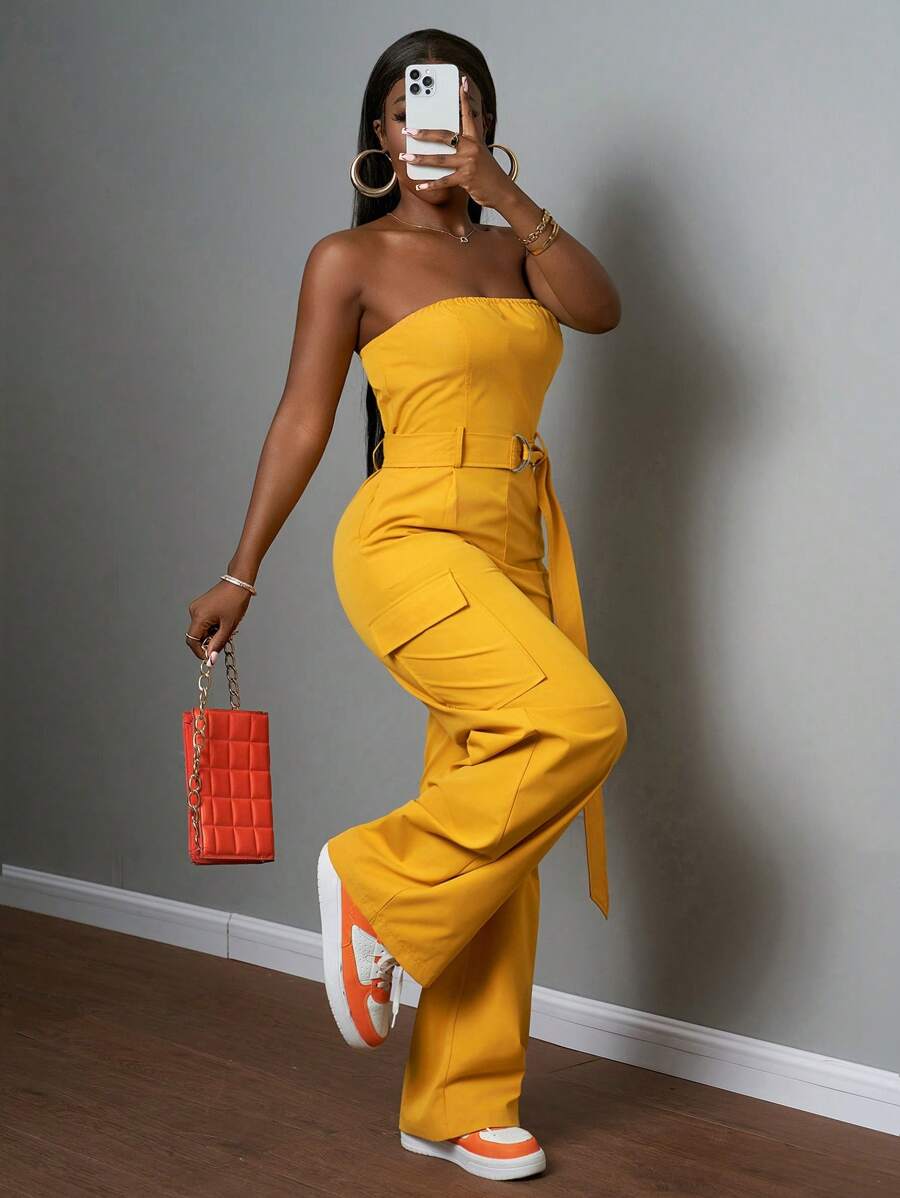 Slaydiva 2025 Summer New Arrival Music Festival, Easter, Western Style, Nomadic Style, St. Patrick's Day, Birthday Party, Graduation Season, Student Wear, Daily Outfit, Casual All-Match, Vacation, Cruise Travel, Beach, Sun-Bathing, Fashion, Street Style, Minimalist Casual, Utility Pockets, Strapless, Waist Tie, Metal Buckle, Yellow Women Jumpsuit - Yellow - View 1