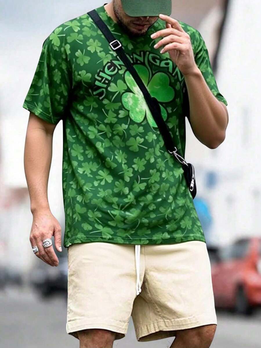 Manfinity Dauomo 男式幸运四叶草印花修身短袖圆领 T 恤