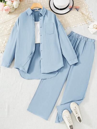 SHEIN 3pcs/Set Teen Girl Casual School Style Loose Shirt, Tank Top And Pants Set, Blue Holiday Outfits