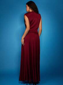 COSMINA Women's Sleeveless Pleated Dress, Elegant Stand Collar Fashion - Burgundy - View 2