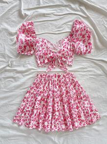 Soleia 女式复古粉色碎花泡泡袖短款上衣和迷你裙 2 件套度假休闲夏季服装，返校可爱午餐裙 - 粉色 - 查看 2