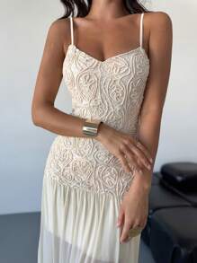 SHEIN Privé New Elegant Romantic Date Apricot Mesh Embroidered Contrast Mesh Slip Dress, Tight-Fitting Slimming Tall-Enhancing, Suitable For Spring/Summer, Valentine's Day Concert Rave Outfit Women,Graduation,Teacher Outfits For Women,Teacher Dress - Apricot - View 5