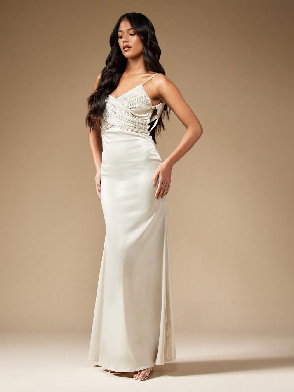 satin ruched bust dress Satin Ruched Bust Twist Back Maxi Dress