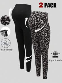 Modmama Set de leggings de maternidad ajustables de punto con estampado negro y de leopardo