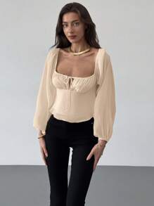 Aloruh Square Neck Ruched Waist Flared Textured Fabric Long Sleeve Blouse For Women - Apricot - View 4
