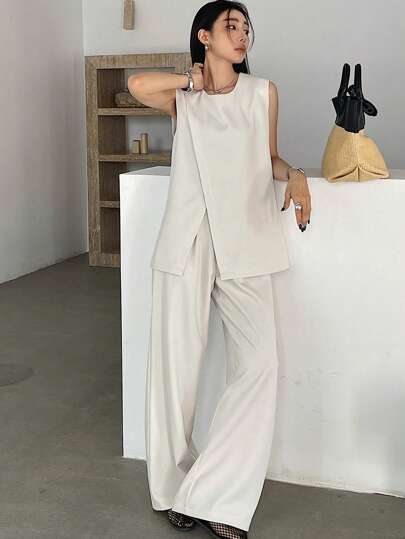 DAZY 2 件套女士休闲纯色开衩背心和裤子套装，春夏秋冬