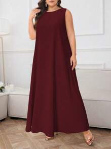 SHEIN Najma CURVE Đầm suông cổ tròn không tay màu trơn phong cách Ả Rập cỡ lớn cho nữ - Màu Đỏ Sâu - Xem 3