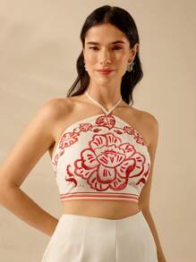 CAJUNI Women's Boho Tropical Floral & Monstera Plant Print Crop Halter Top, Casual Summer Beach Wear