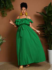 Maweii Đầm trễ vai thanh lịch màu trơn cho kỳ nghỉ cỡ lớn dành cho nữ - màu xanh lá - Xem 4