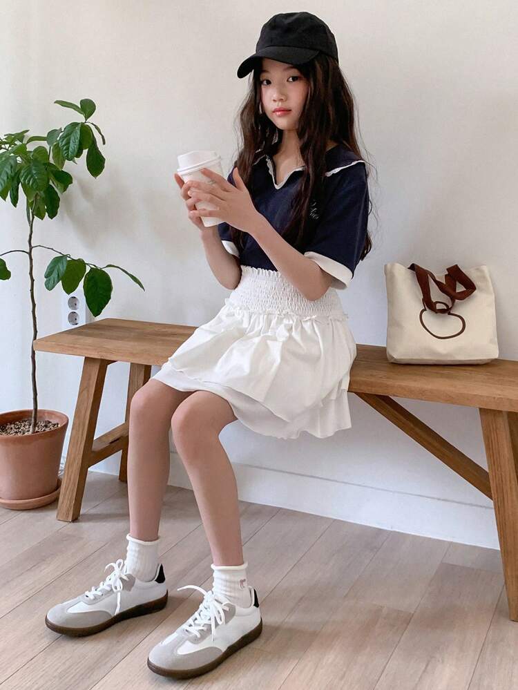 2pcs/Set Tween Girl Letter Print Short Sleeve Top And Waist Tie Skirt