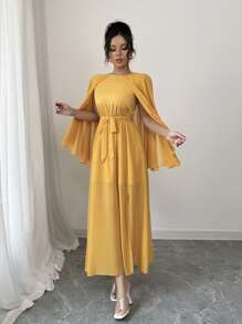 SHEIN Clasi 女士优雅亮黄色雪纺斗篷袖长裙，侧开衩，适合春夏季 - 黃色 - 查看 5