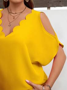 SHEIN LUNE Plus Size Vacation Casual Solid Color Shoulder Cutout Shell Trim Shirt - Yellow - View 6