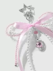 ROMWE Kawaii 1 件甜美优雅时尚手工串珠白色仿珍珠水晶水钻蝴蝶结星月心形吊坠钥匙扣，适合女孩/女士日常佩戴、节日礼物 - 粉色 - 查看 4