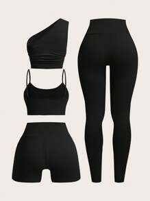SHEIN EZwear 黑色多件套户外套装，简约、时尚、休闲，适合日常穿着 - 黑色 - 查看 2