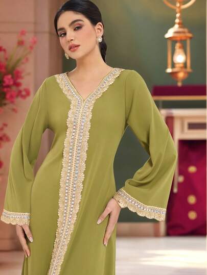 Al Najma 保守休闲丝带装饰女士阿拉伯连衣裙、女士土耳其长裙、女士超长连衣裙、卡夫坦和贾拉比亚