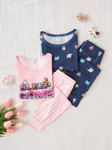 4pcs/Set Young Girl' Mosaic Kitty & Food Print Short Sleeve Shirt And Leggings Snug Fit Spring/Summer - Multicolor - View 3