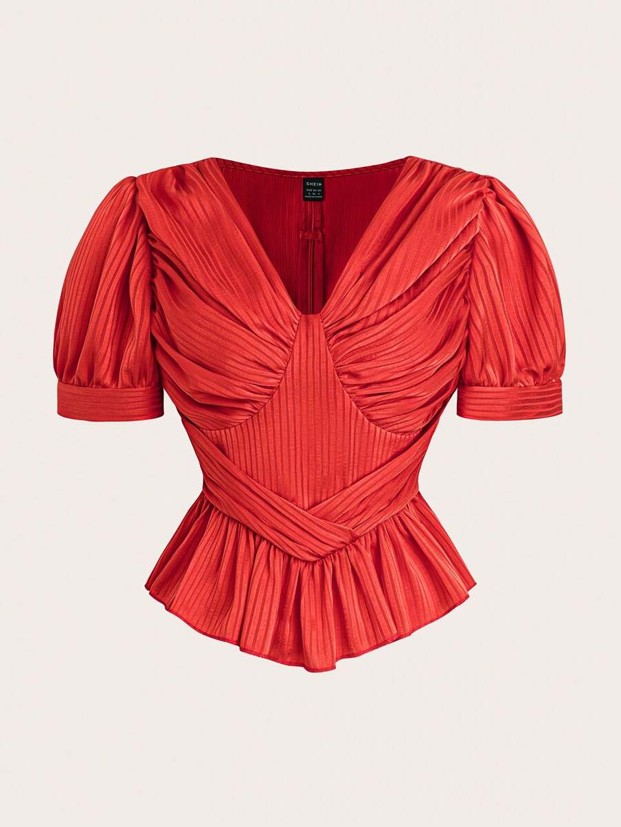 Chiquease Red V-Neck Gathered Bust Cinched Waist Ruffle Hem Short Sleeve Blouse, Elegant For Commuting - Red - View 1