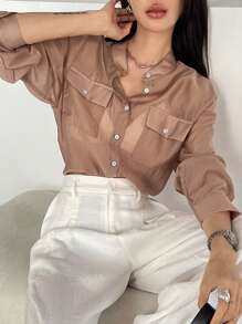 FRIFUL 女士橙色宽松休闲纽扣衬衫，商务休闲风格，春夏长袖上衣 - 橘色 - 查看 1