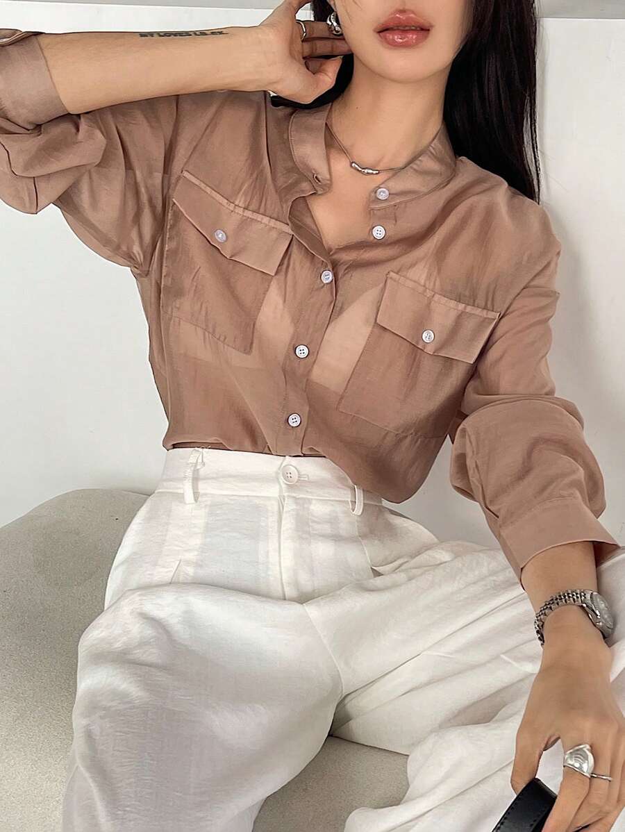 FRIFUL 女士橙色宽松休闲纽扣衬衫，商务休闲风格，春夏长袖上衣 - 橘色 - 查看 1