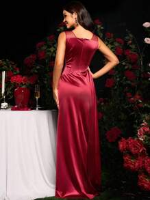 Coutiva 纯色褶饰长款正式晚礼服，奢华长裙，酒红色连衣裙，适合春夏季音乐节、派对礼服、婚礼宾客礼服、鸡尾酒会