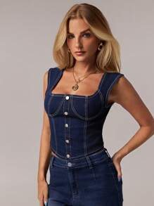 SHEIN Forever 21 夏季/乡村音乐会/乡村音乐会/茶会/优雅/音乐会/休闲女士/夏季/蓝色牛仔上衣 - 藍色 - 查看 7