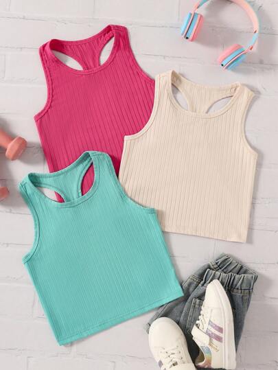 Conjunto de 3 piezas para niñas preadolescentes con top de tirantes acanalado en colores fluorescentes, estilos versátiles ideales para primavera/verano, actividades al aire libre, diario, festivales de música y eventos sociales