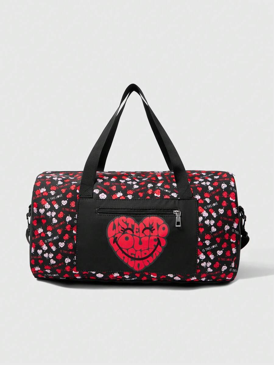 SmileyWorld® | SHEIN 女士时尚心形印花大容量手提包 - 黑色 - 查看 1