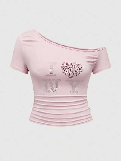 Maglietta estiva asimmetrica da donna oversize in stile Y2K con strass "I Love New York"