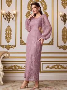 Modelyn Women's Floral Lace Lantern Sleeve Square Neck Elegant Dress