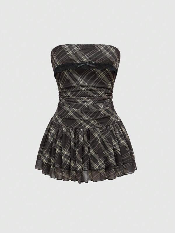 ROMWE J-Fashion Vintage Checkered Print Sweet Frilly Mini Dress For Women