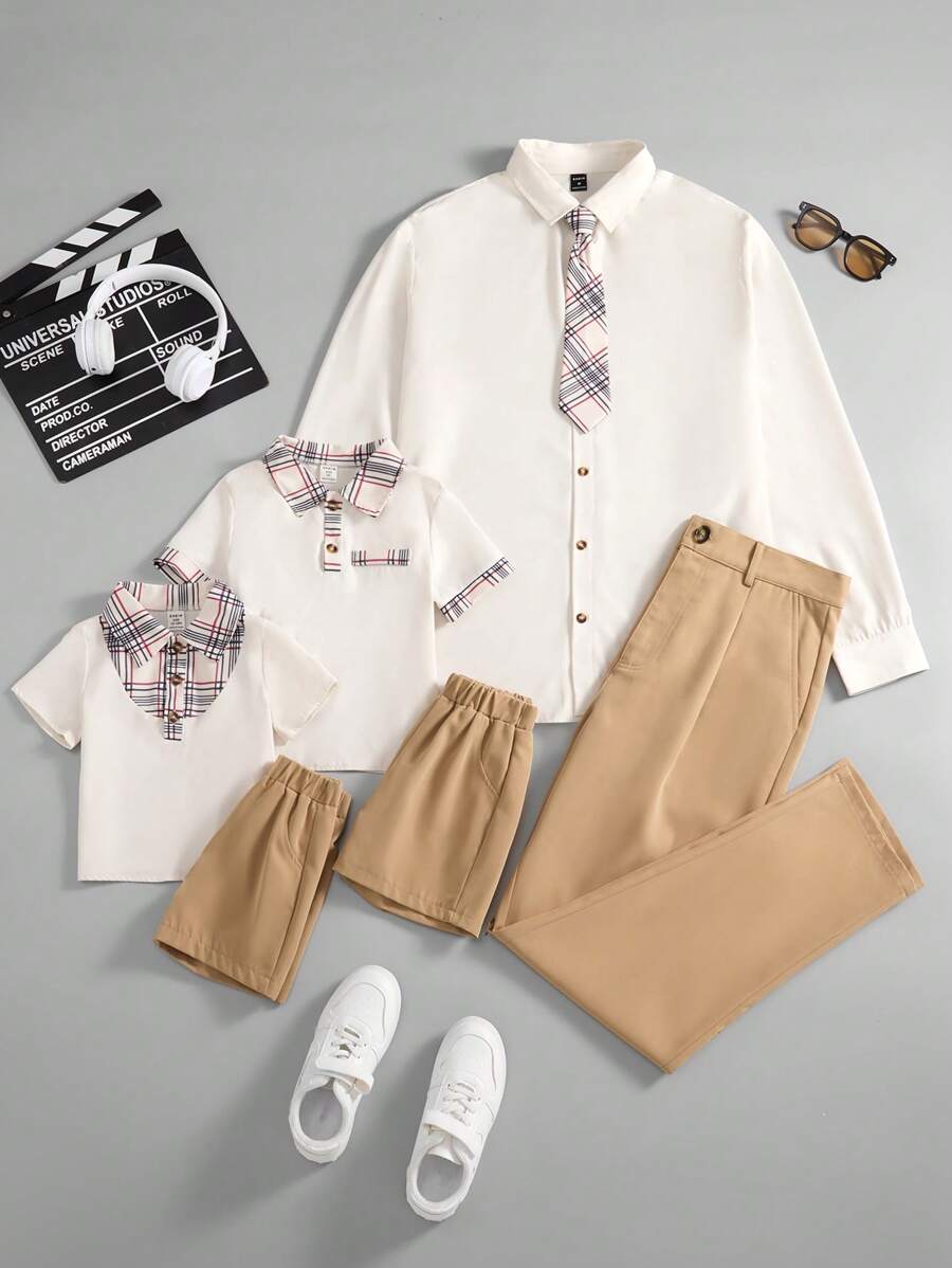 Set de 2 piezas de camisa de cuadros y shorts para niños pequeños, conjunto de estilo informal de caballero, a juego con papá, para primavera/verano (se venden 2 sets por separado) - Multicolor - Ver 1