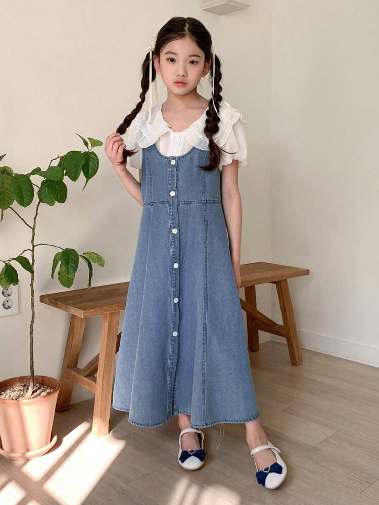 Tween Girls Solid Color Peter Pan Collar Puff Sleeve Blouse + Buttoned Front Denim Overall Dress 2 Pieces Set,Girls Summer Outfits,Back To School Clothes