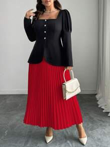 Elenzga 2pcs Plus Size Solid Color Long Sleeve Jacket And Skirt Set